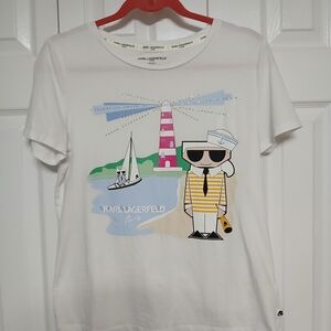 Karl Lagerfeld Paris Men's White Beach Cotton Graphic Rhinestone T-Shirt Size M